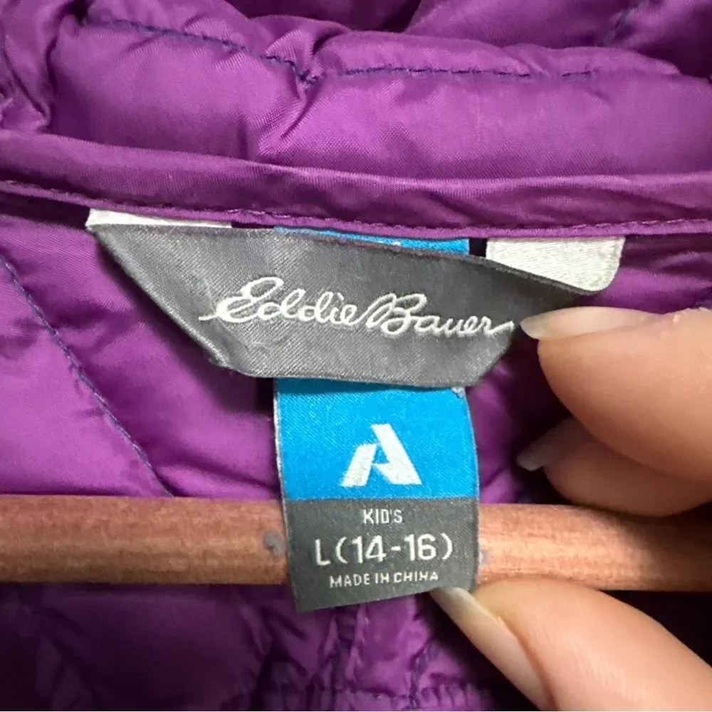 Eddie Bauer First Ascent Kids Girls Puffer Jacket Large 14/16 Purple Hooded Down